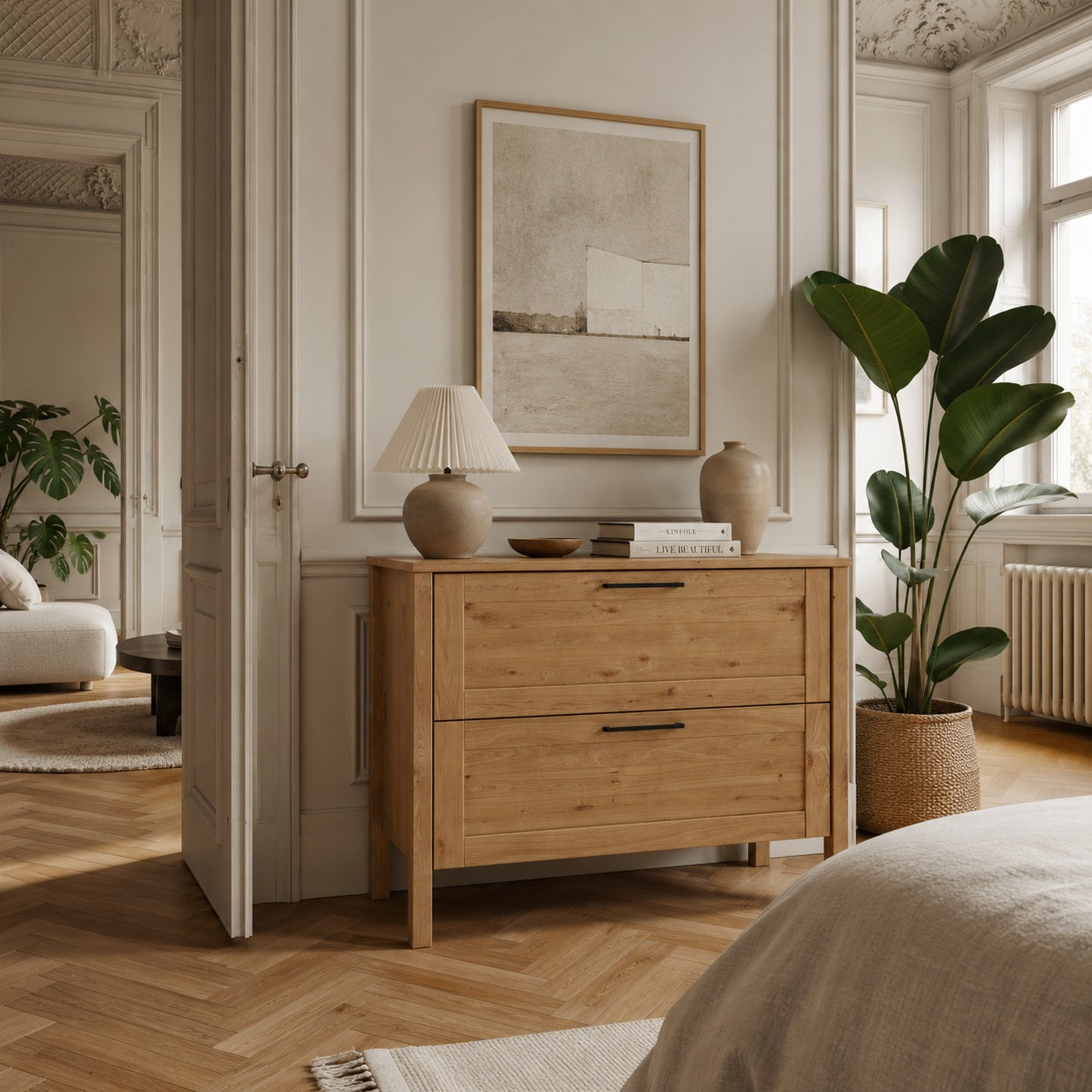 Brage Snedker Kommode med 2 Skuffer i Massiv FSC Egetræ og Naturolie - H76 x B100 x D45 cm