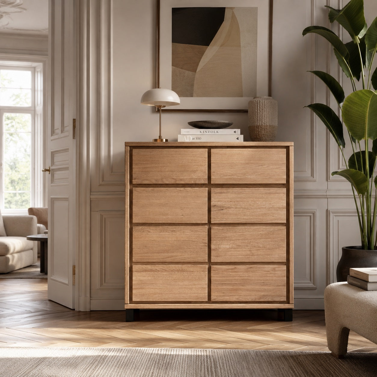 Heimdal Snedker Kommode/Skænk i Massiv Egetræ med 2 låger & 2 skuffer i Naturolie på Sorte Metalben - H100 x B88 x D42 cm - - Leveres Færdigsamlet